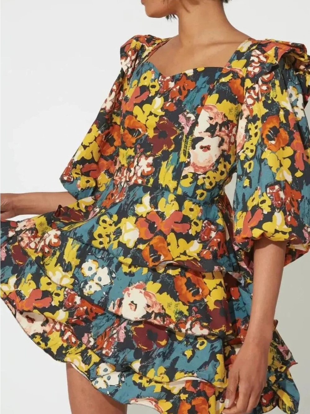 Anthropologie Cleobella Tiered Floral Mini Dress Organic Cotton Boho Sz M